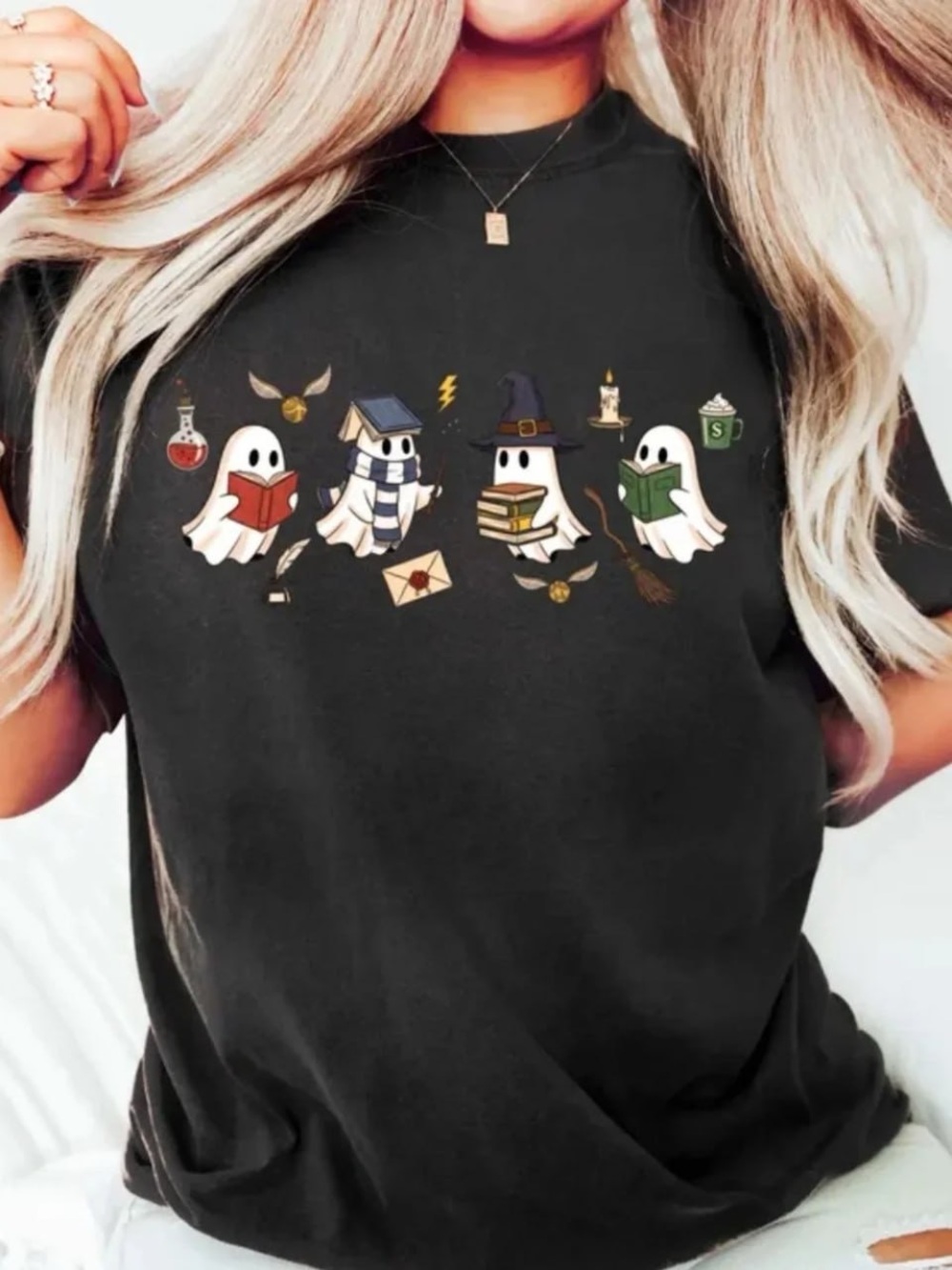 Black Graphic Tee with Cute Bookish Ghost Characters